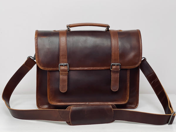 Classic leather satchel in vintage style with laptop compartment ...